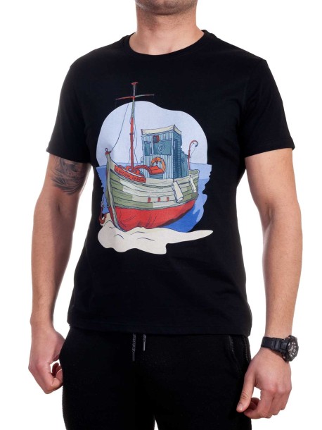 Tricou bărbătesc negru cu corabie