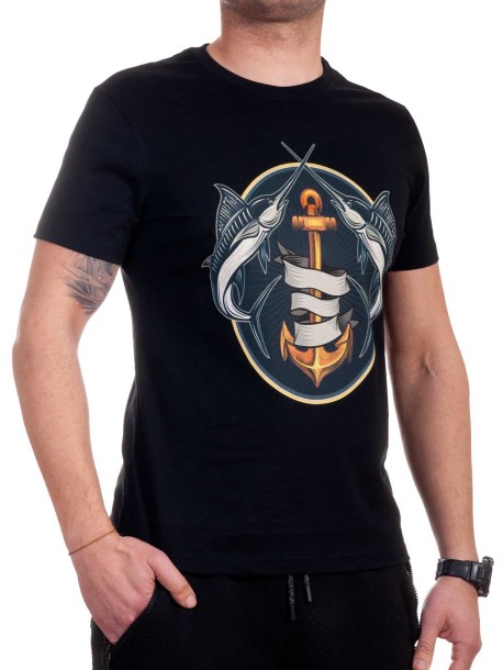 Tricou bărbătesc negru cu pește