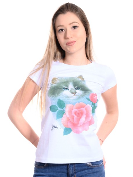 Tricou alb de femei cu pisoi