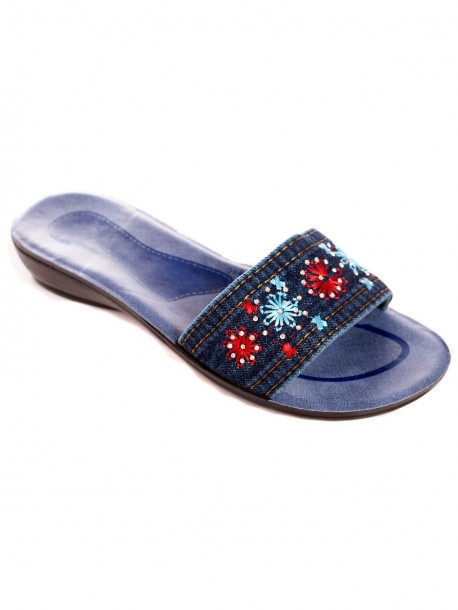 Papuci din denim cu flori pentru femei