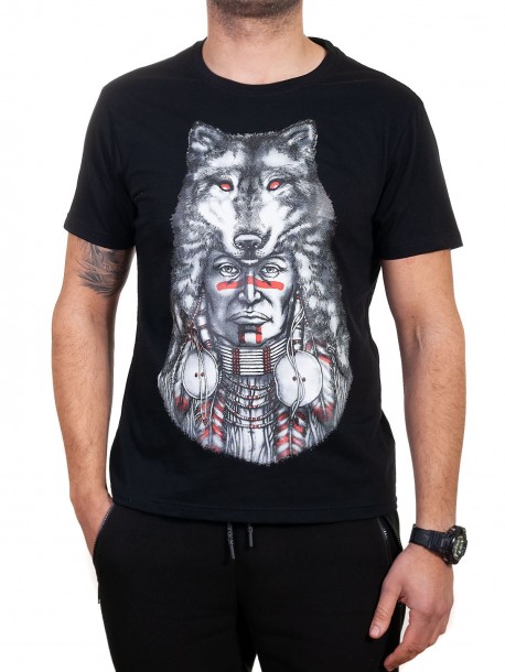Tricou bărbătesc cu indian și lup