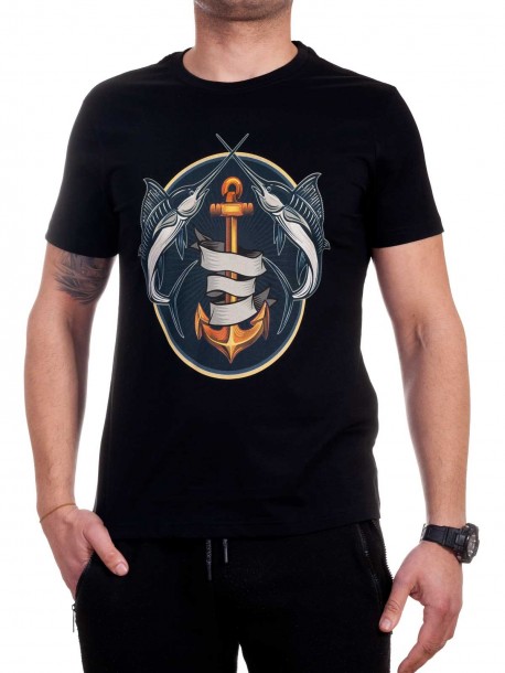 Tricou bărbătesc negru cu pește
