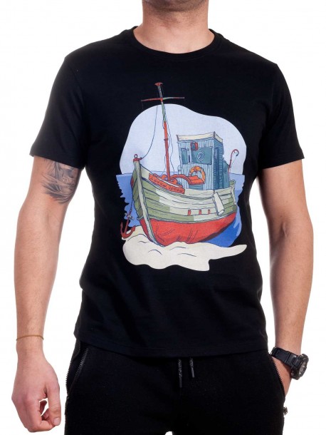 Tricou bărbătesc negru cu corabie