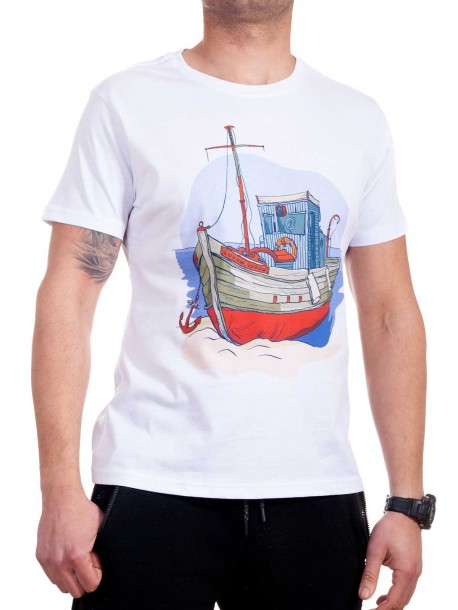 Tricou bărbătesc alb cu corabie