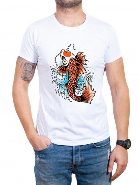Tricou bărbătesc alb cu pește Yakuza